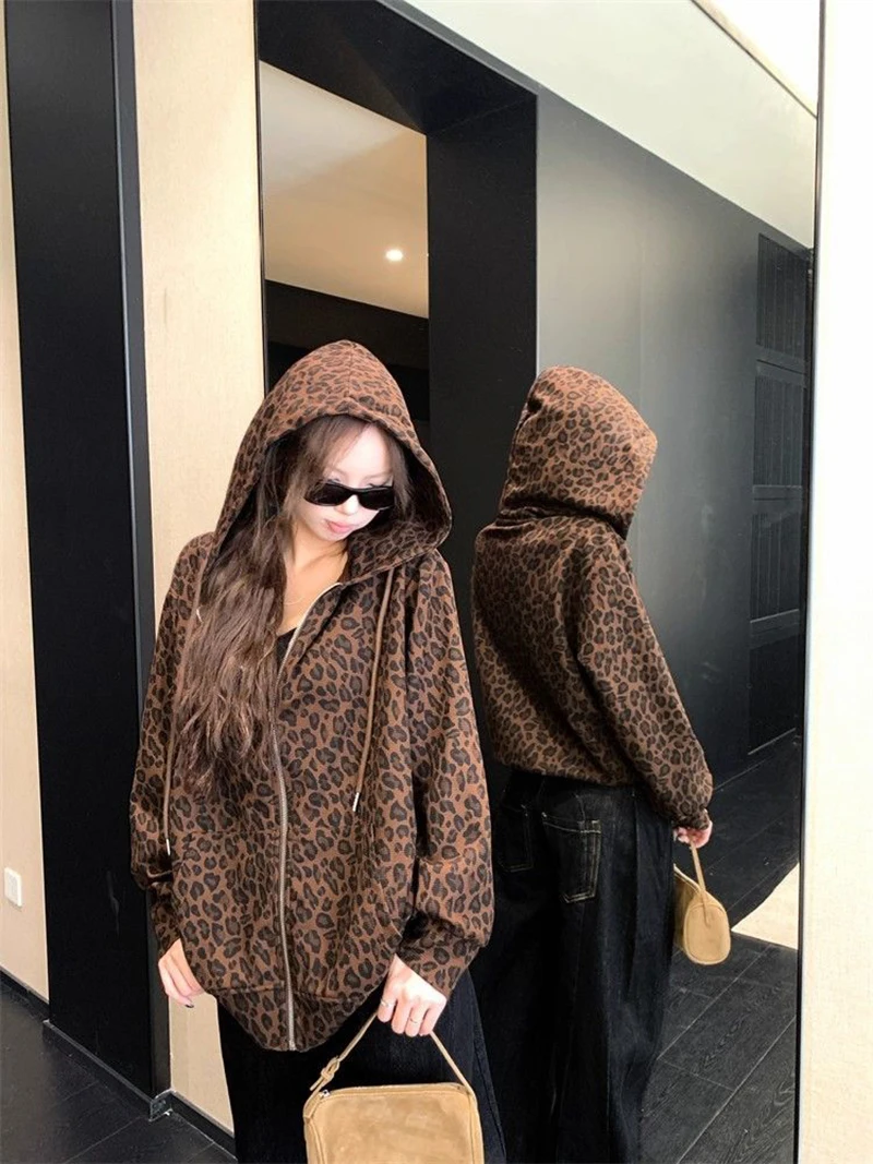 Women Y2K Leopard Hoodies Streetwear Loose Harajuku Retro Sweatshirts Hip Hop Fall American Vintage Female Long Sleeve Tops New