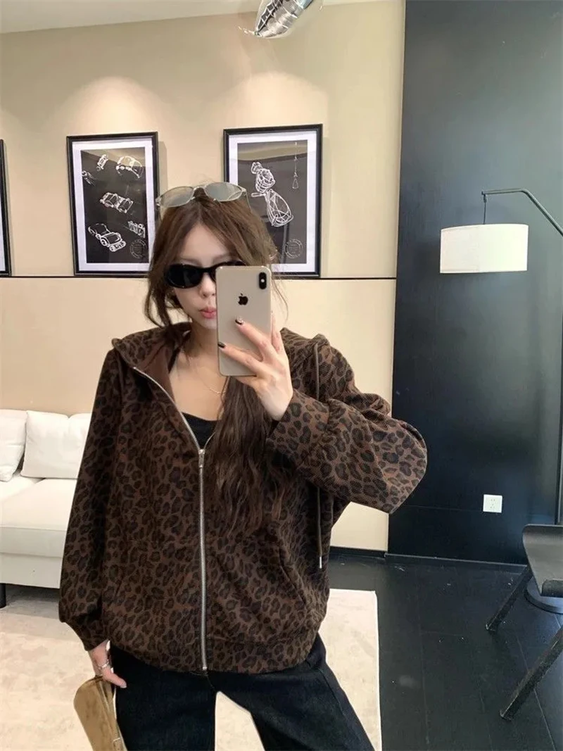 Women Y2K Leopard Hoodies Streetwear Loose Harajuku Retro Sweatshirts Hip Hop Fall American Vintage Female Long Sleeve Tops New