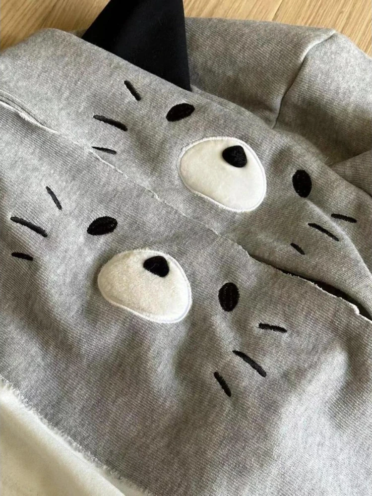 Japanese Harajuku Kawaii Long Sleeve Hoodie Women Cat Ears Sweet Sweatshirt Lace Striped Zipper Casual Cartoon 2025 Autumn