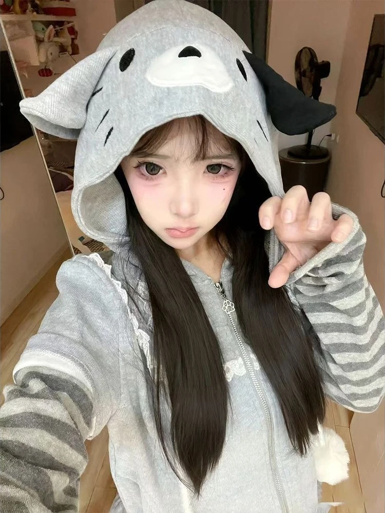 Japanese Harajuku Kawaii Long Sleeve Hoodie Women Cat Ears Sweet Sweatshirt Lace Striped Zipper Casual Cartoon 2025 Autumn