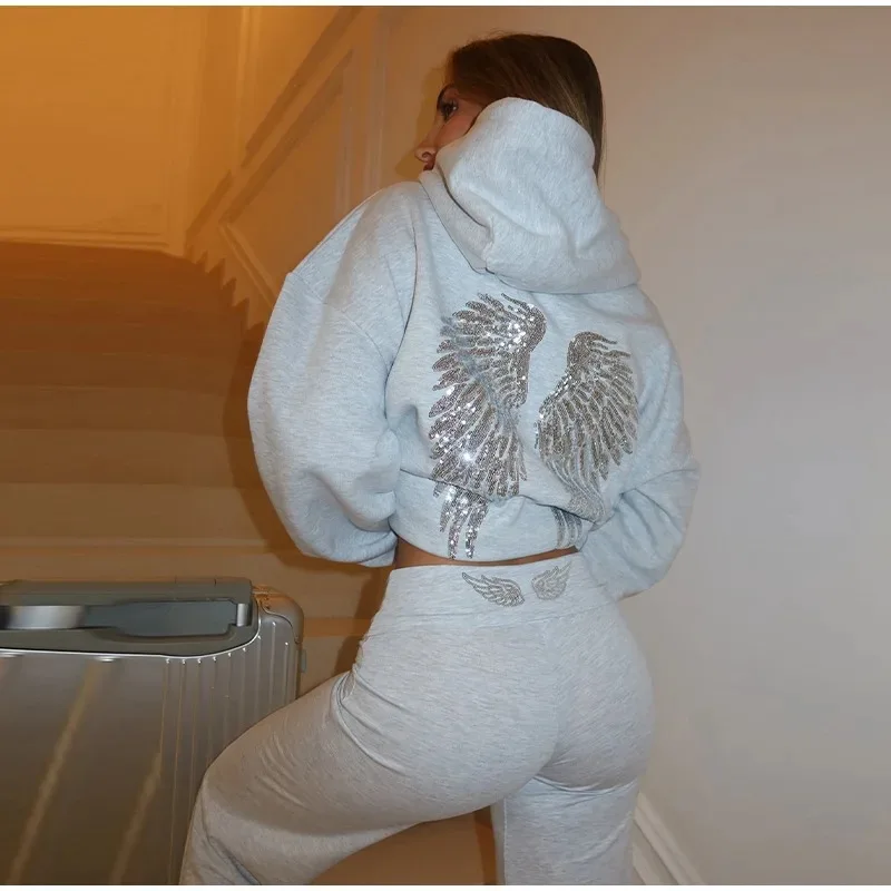 Y2K Style Women Sweatshirt Set Sequins Angel's Wings Hoodies Fold Waist Low‑Rise Casual Bootcut Trousers Yoga Pant Set