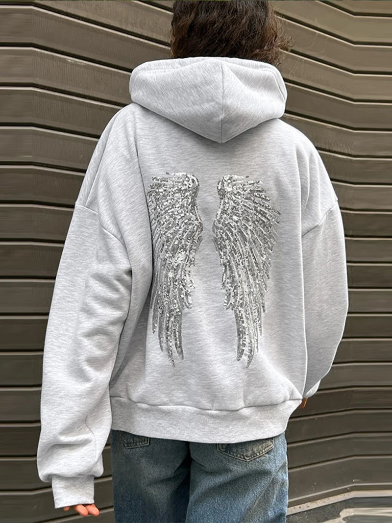 Y2K Style Women Sweatshirt Set Sequins Angel's Wings Hoodies Fold Waist Low‑Rise Casual Bootcut Trousers Yoga Pant Set