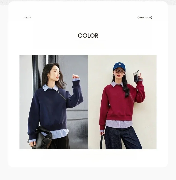 VIMLY Women's Sweatshirt Spliced Fake‑two‑piece 2026 Autumn Preppy‑style Pullover Casual Loose-fit Long Sleeve Tops Ladies M8359