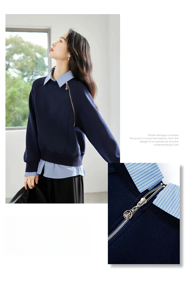 VIMLY Women's Sweatshirt Spliced Fake‑two‑piece 2026 Autumn Preppy‑style Pullover Casual Loose-fit Long Sleeve Tops Ladies M8359