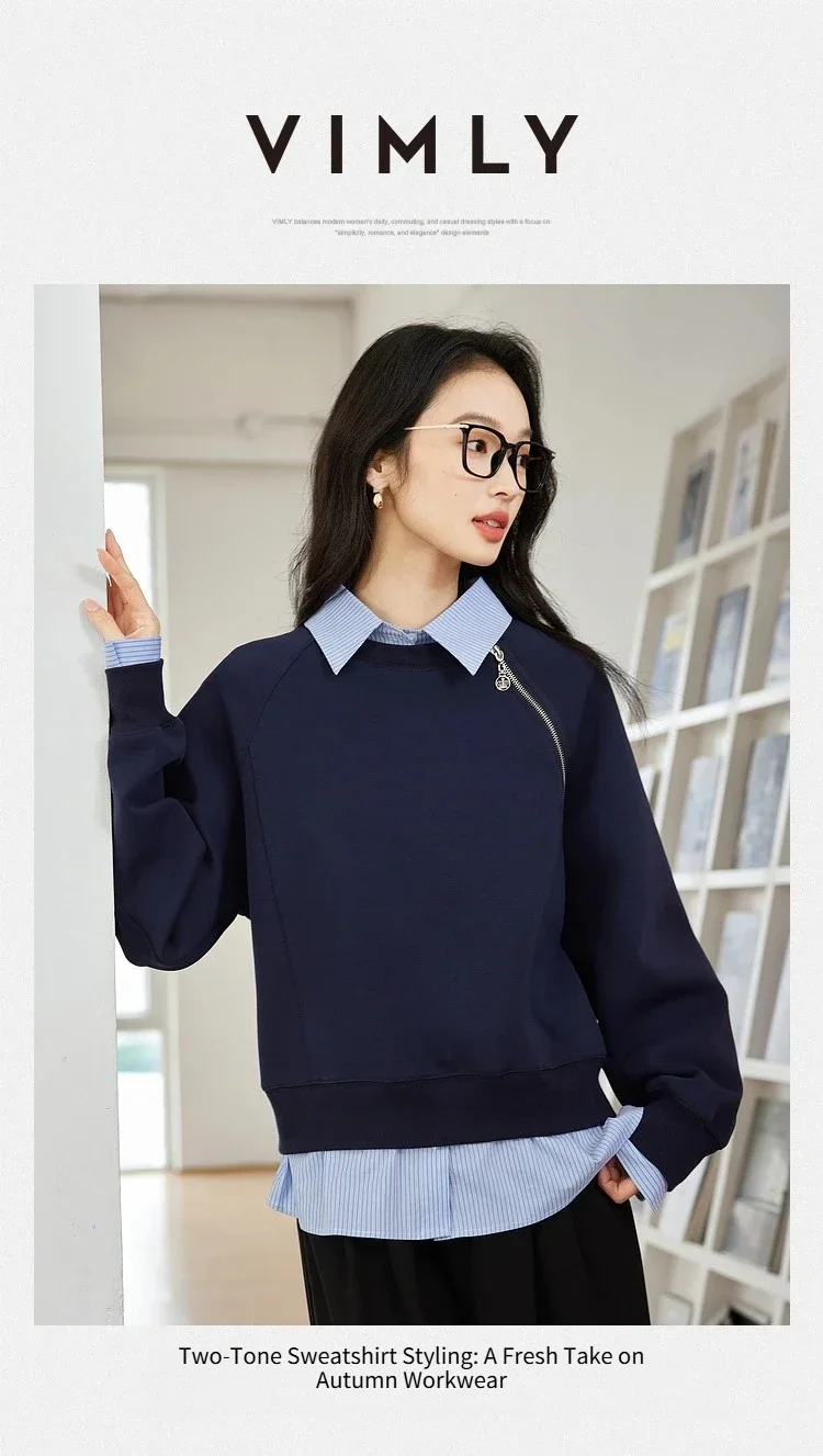 VIMLY Women's Sweatshirt Spliced Fake‑two‑piece 2026 Autumn Preppy‑style Pullover Casual Loose-fit Long Sleeve Tops Ladies M8359
