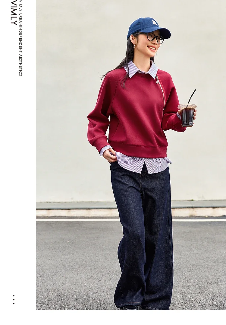 VIMLY Women's Sweatshirt Spliced Fake‑two‑piece 2026 Autumn Preppy‑style Pullover Casual Loose-fit Long Sleeve Tops Ladies M8359