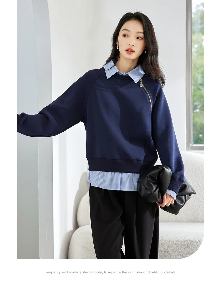 VIMLY Women's Sweatshirt Spliced Fake‑two‑piece 2026 Autumn Preppy‑style Pullover Casual Loose-fit Long Sleeve Tops Ladies M8359
