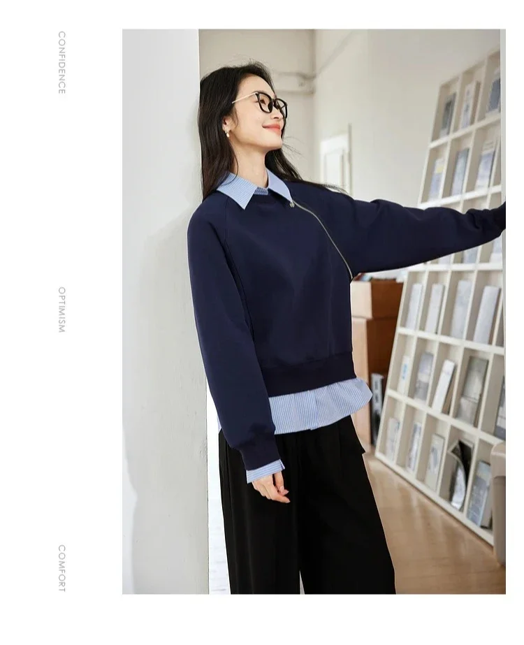 VIMLY Women's Sweatshirt Spliced Fake‑two‑piece 2026 Autumn Preppy‑style Pullover Casual Loose-fit Long Sleeve Tops Ladies M8359