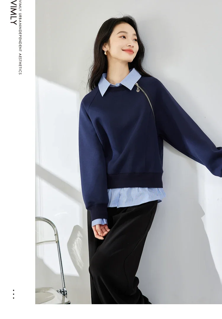 VIMLY Women's Sweatshirt Spliced Fake‑two‑piece 2026 Autumn Preppy‑style Pullover Casual Loose-fit Long Sleeve Tops Ladies M8359