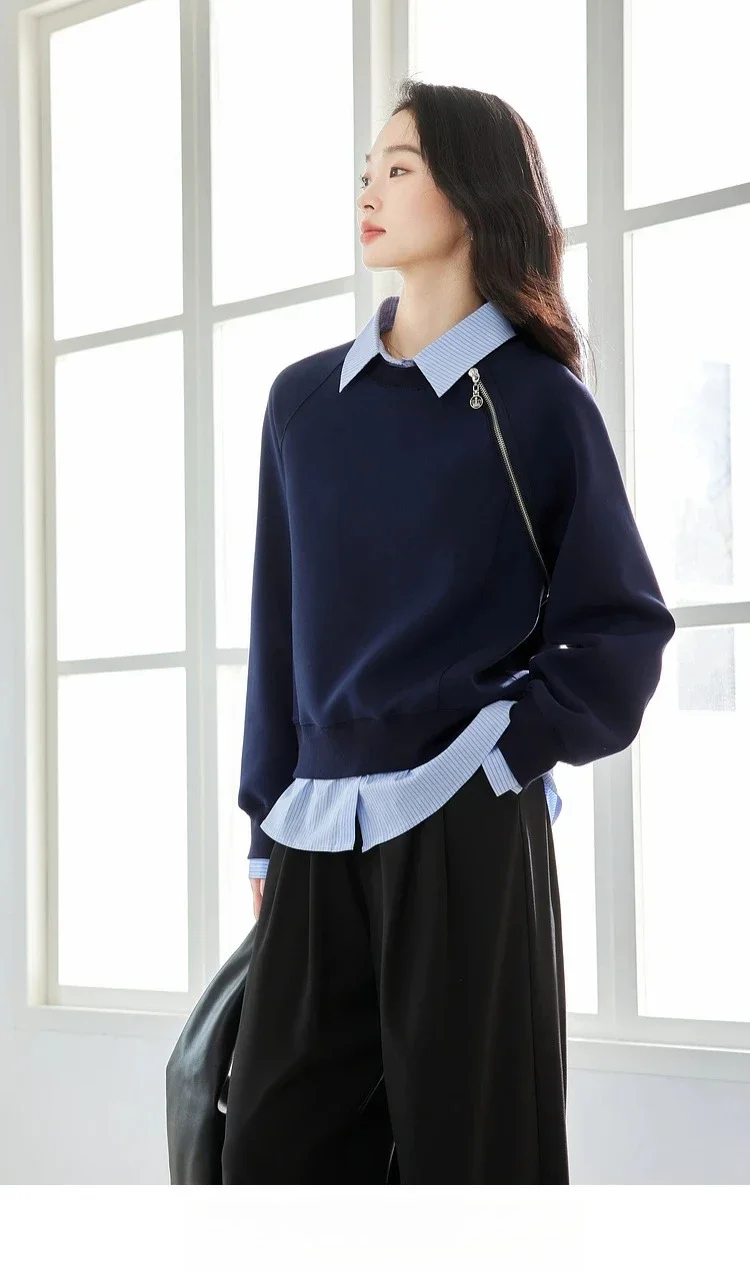 VIMLY Women's Sweatshirt Spliced Fake‑two‑piece 2026 Autumn Preppy‑style Pullover Casual Loose-fit Long Sleeve Tops Ladies M8359