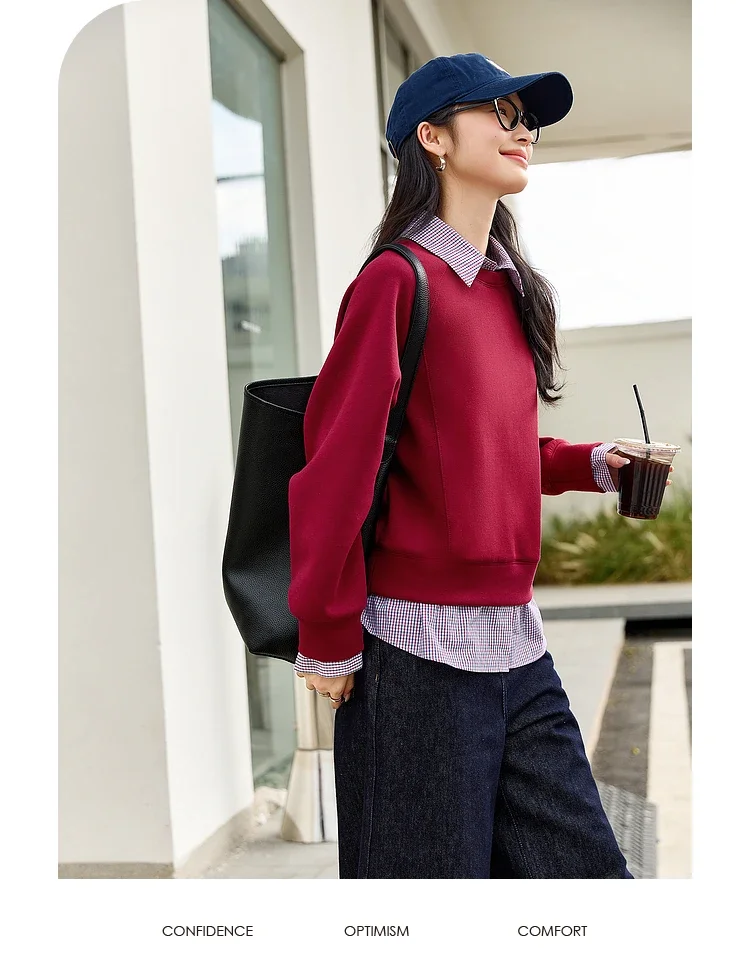 VIMLY Women's Sweatshirt Spliced Fake‑two‑piece 2026 Autumn Preppy‑style Pullover Casual Loose-fit Long Sleeve Tops Ladies M8359