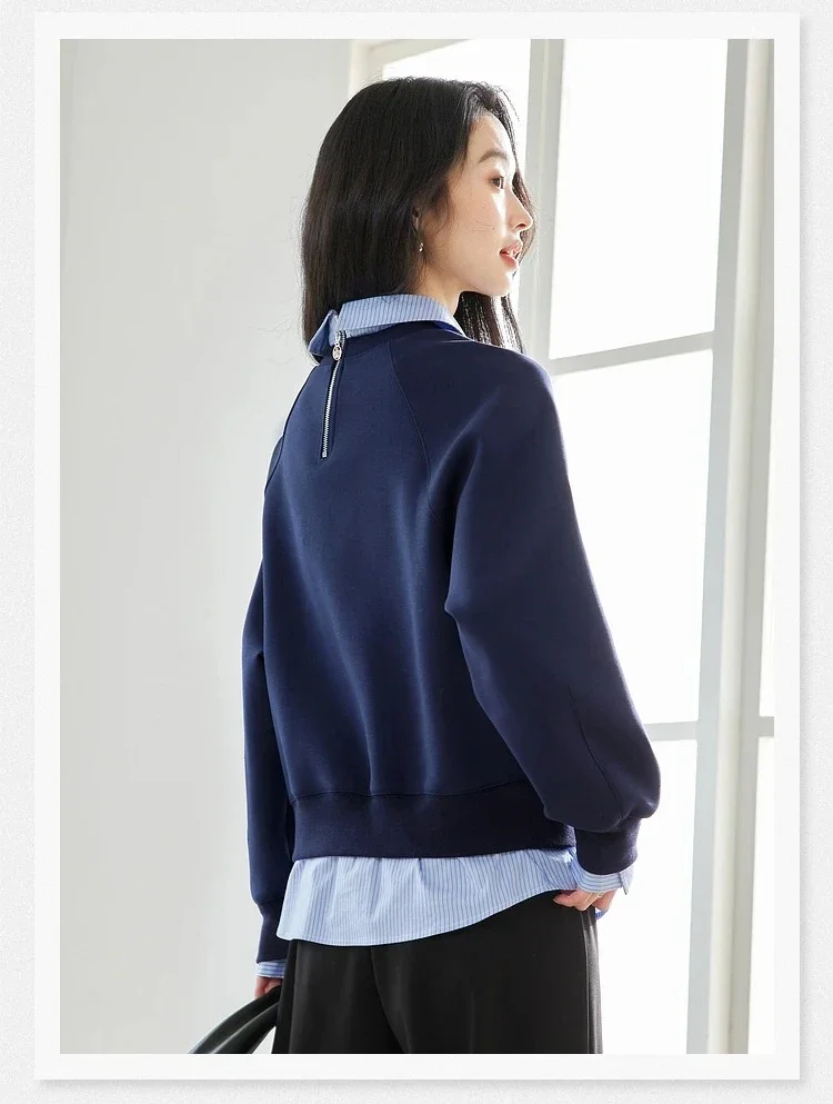 VIMLY Women's Sweatshirt Spliced Fake‑two‑piece 2026 Autumn Preppy‑style Pullover Casual Loose-fit Long Sleeve Tops Ladies M8359