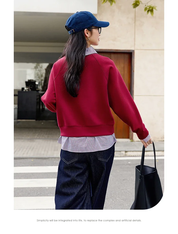 VIMLY Women's Sweatshirt Spliced Fake‑two‑piece 2026 Autumn Preppy‑style Pullover Casual Loose-fit Long Sleeve Tops Ladies M8359