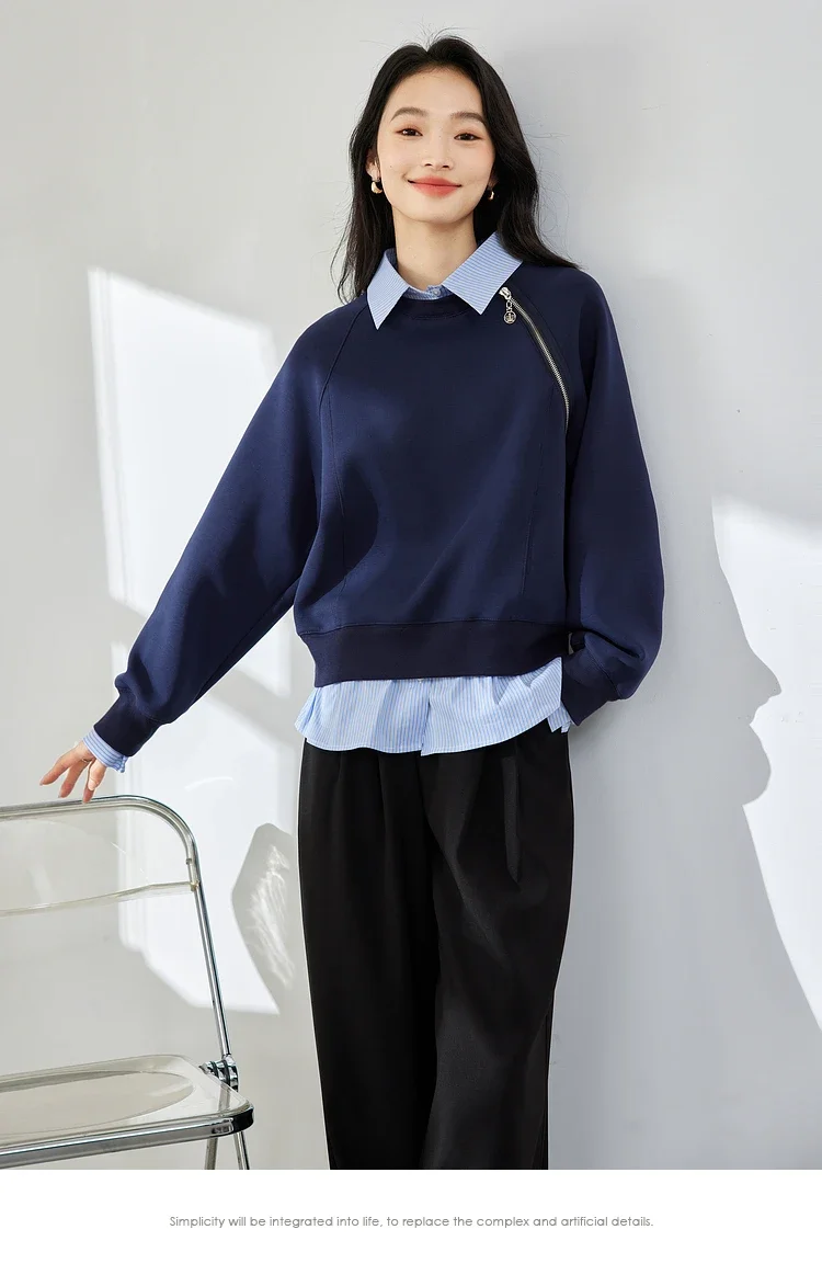 VIMLY Women's Sweatshirt Spliced Fake‑two‑piece 2026 Autumn Preppy‑style Pullover Casual Loose-fit Long Sleeve Tops Ladies M8359