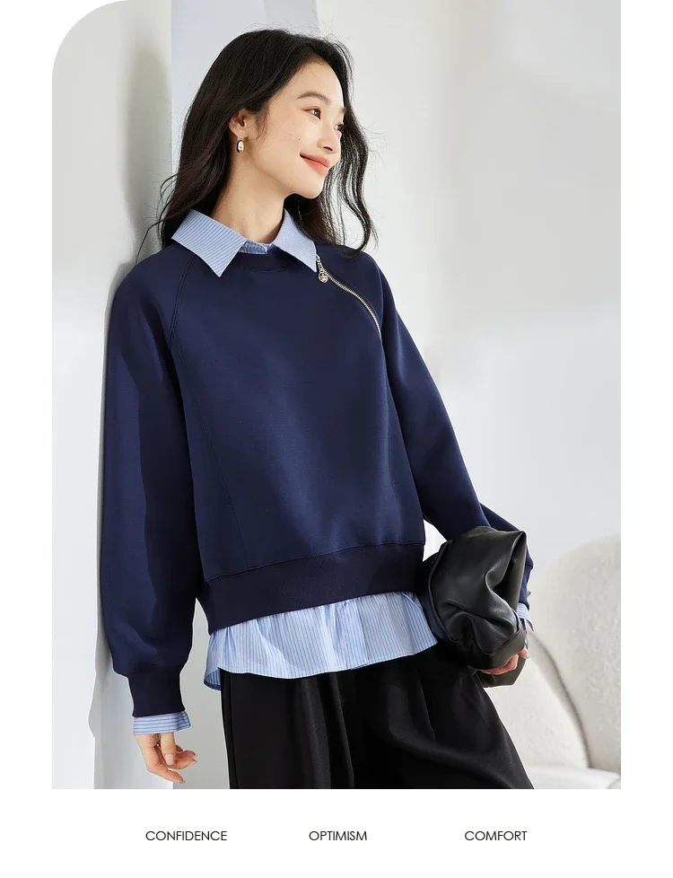 VIMLY Women's Sweatshirt Spliced Fake‑two‑piece 2026 Autumn Preppy‑style Pullover Casual Loose-fit Long Sleeve Tops Ladies M8359