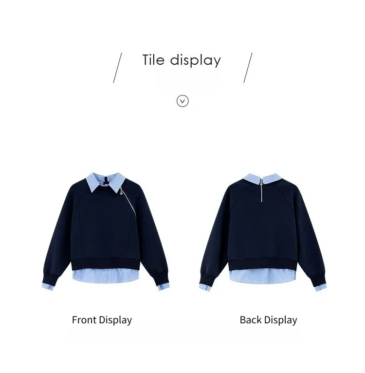VIMLY Women's Sweatshirt Spliced Fake‑two‑piece 2026 Autumn Preppy‑style Pullover Casual Loose-fit Long Sleeve Tops Ladies M8359