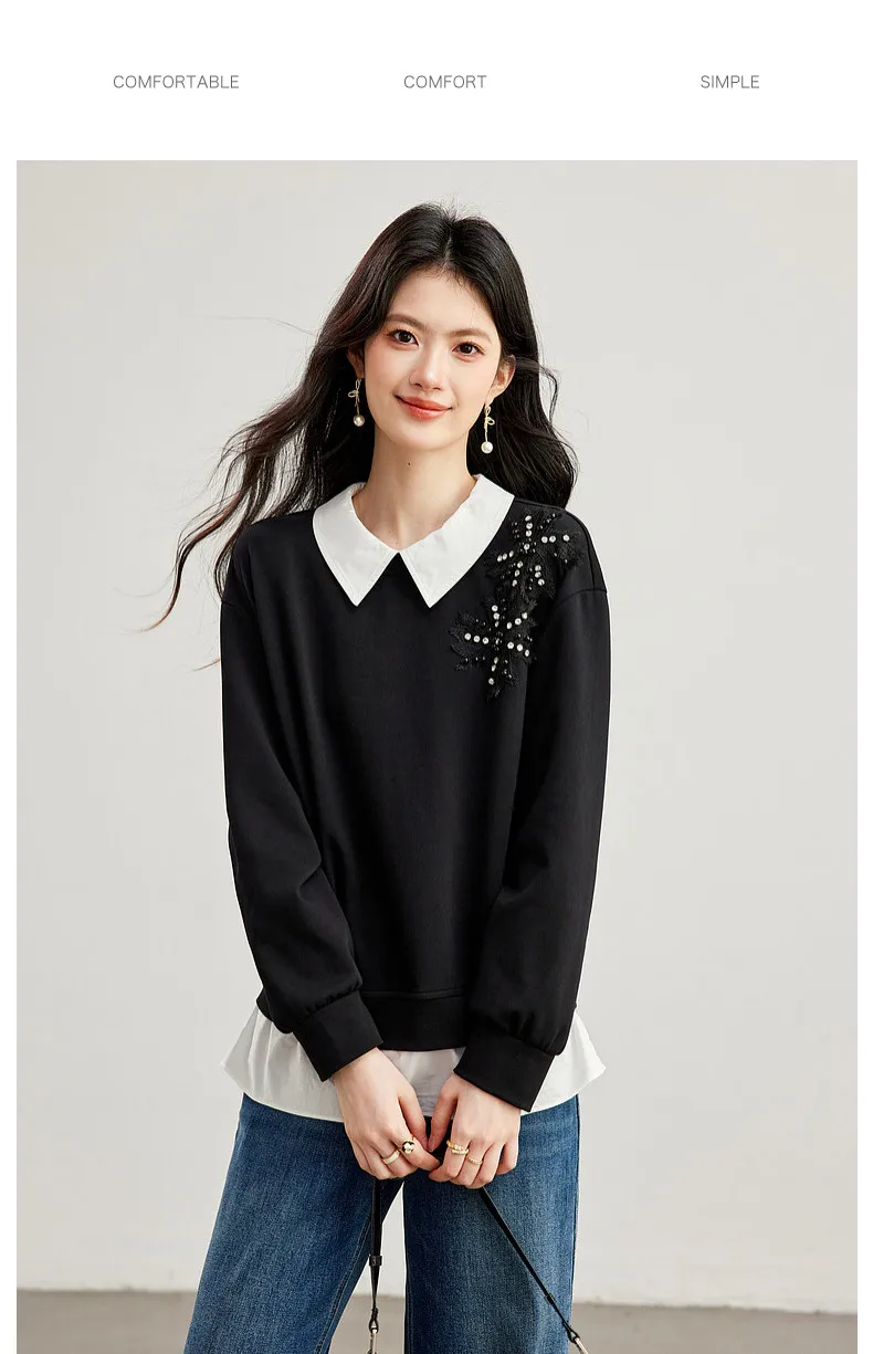 VIMLY Black Sweatshirt Women 2026 Autumn New Fake Two‑piece Beaded Embroidered Lapel Pullover Fashion Elegant Top Ladies A7612