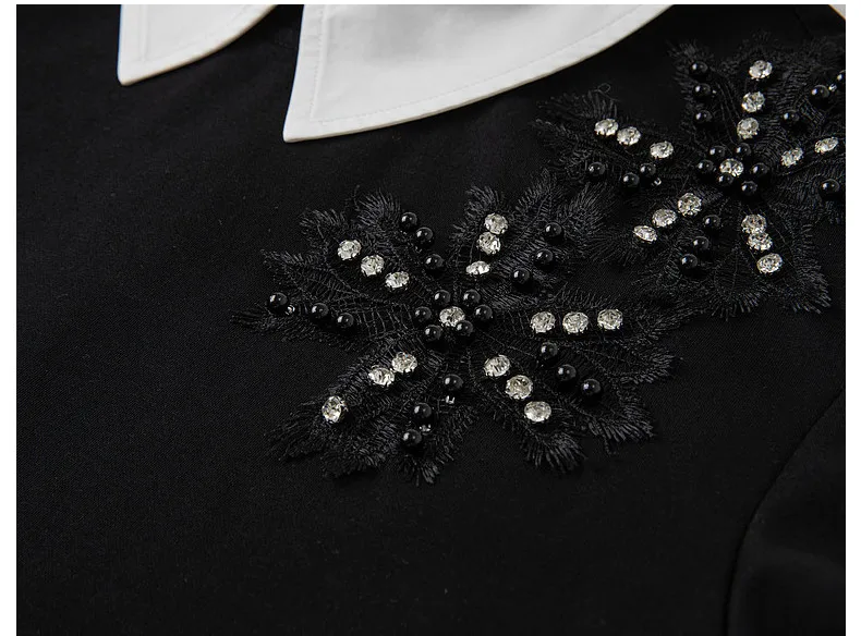 VIMLY Black Sweatshirt Women 2026 Autumn New Fake Two‑piece Beaded Embroidered Lapel Pullover Fashion Elegant Top Ladies A7612