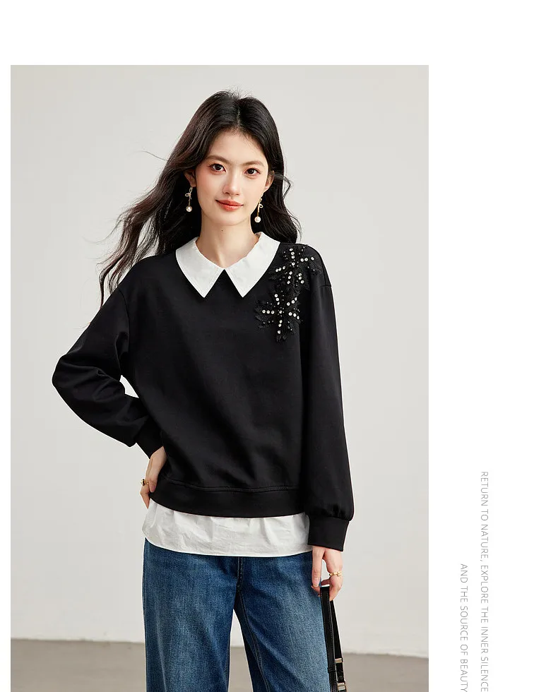 VIMLY Black Sweatshirt Women 2026 Autumn New Fake Two‑piece Beaded Embroidered Lapel Pullover Fashion Elegant Top Ladies A7612