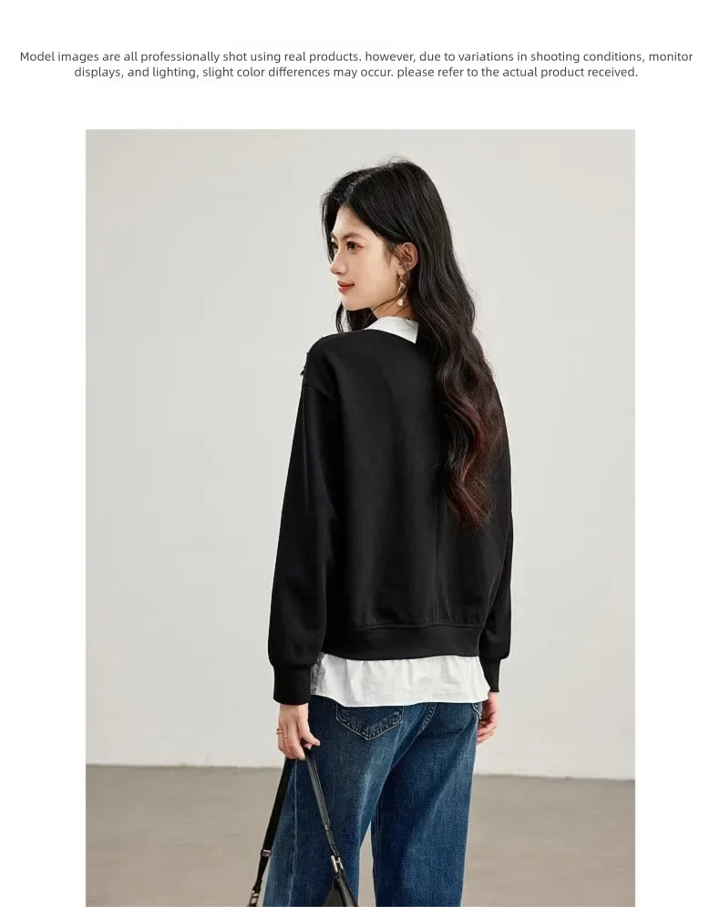 VIMLY Black Sweatshirt Women 2026 Autumn New Fake Two‑piece Beaded Embroidered Lapel Pullover Fashion Elegant Top Ladies A7612