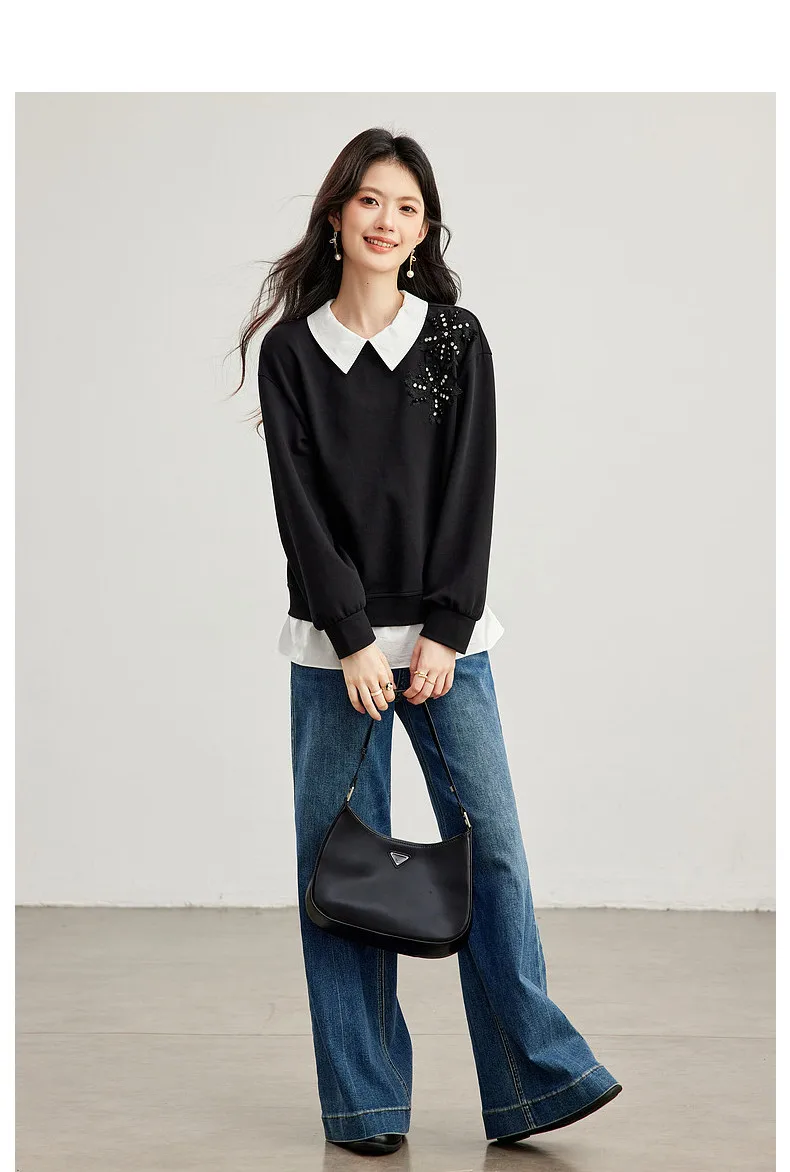 VIMLY Black Sweatshirt Women 2026 Autumn New Fake Two‑piece Beaded Embroidered Lapel Pullover Fashion Elegant Top Ladies A7612