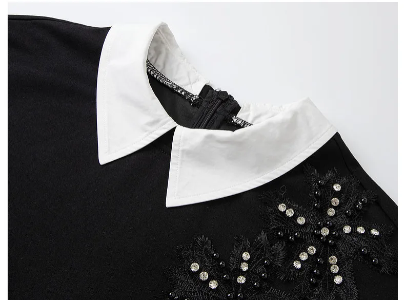 VIMLY Black Sweatshirt Women 2026 Autumn New Fake Two‑piece Beaded Embroidered Lapel Pullover Fashion Elegant Top Ladies A7612