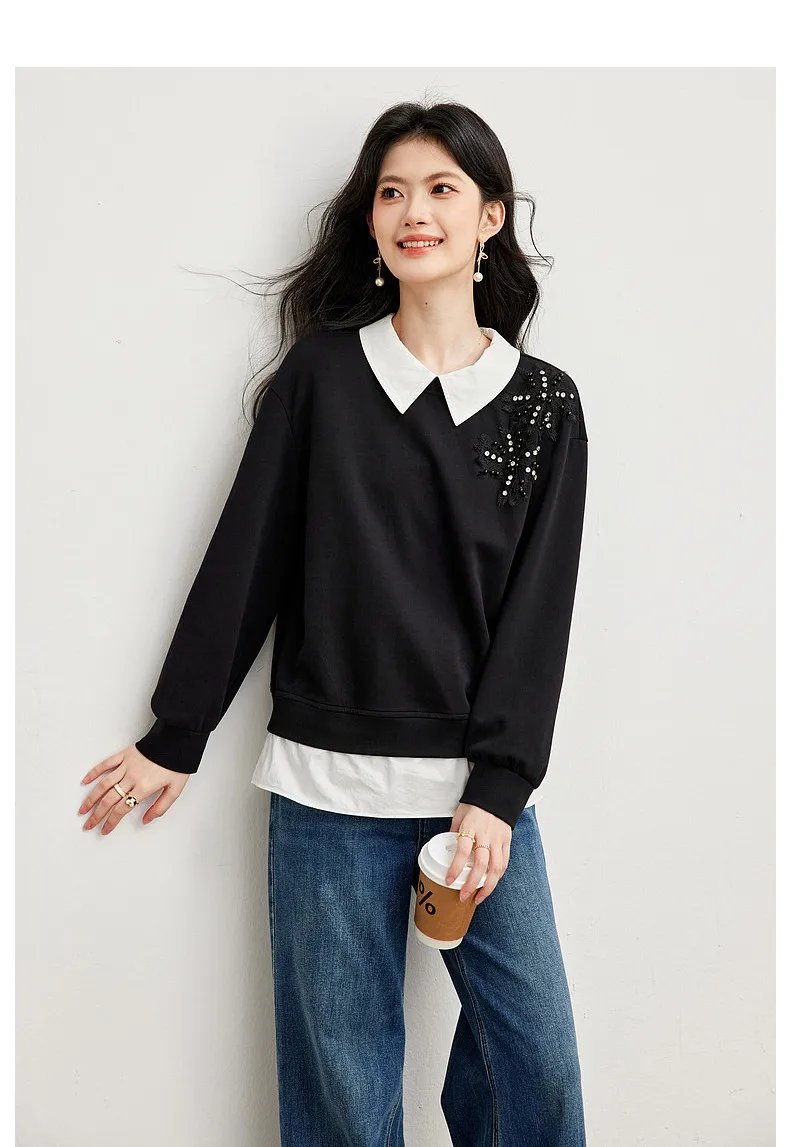 VIMLY Black Sweatshirt Women 2026 Autumn New Fake Two‑piece Beaded Embroidered Lapel Pullover Fashion Elegant Top Ladies A7612