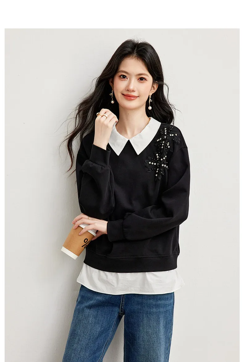 VIMLY Black Sweatshirt Women 2026 Autumn New Fake Two‑piece Beaded Embroidered Lapel Pullover Fashion Elegant Top Ladies A7612