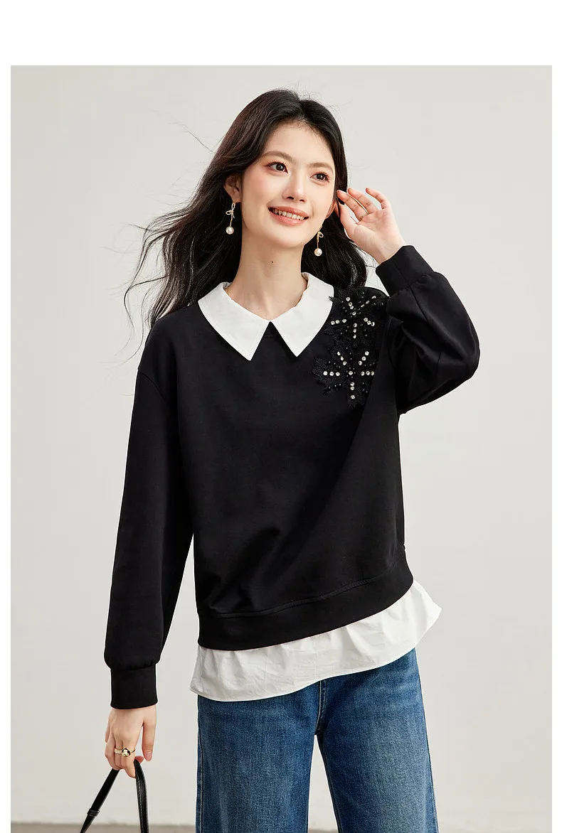 VIMLY Black Sweatshirt Women 2026 Autumn New Fake Two‑piece Beaded Embroidered Lapel Pullover Fashion Elegant Top Ladies A7612