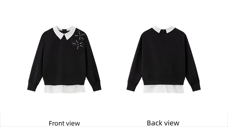 VIMLY Black Sweatshirt Women 2026 Autumn New Fake Two‑piece Beaded Embroidered Lapel Pullover Fashion Elegant Top Ladies A7612