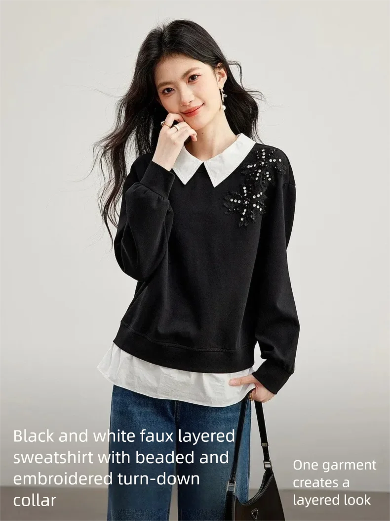 VIMLY Black Sweatshirt Women 2026 Autumn New Fake Two‑piece Beaded Embroidered Lapel Pullover Fashion Elegant Top Ladies A7612