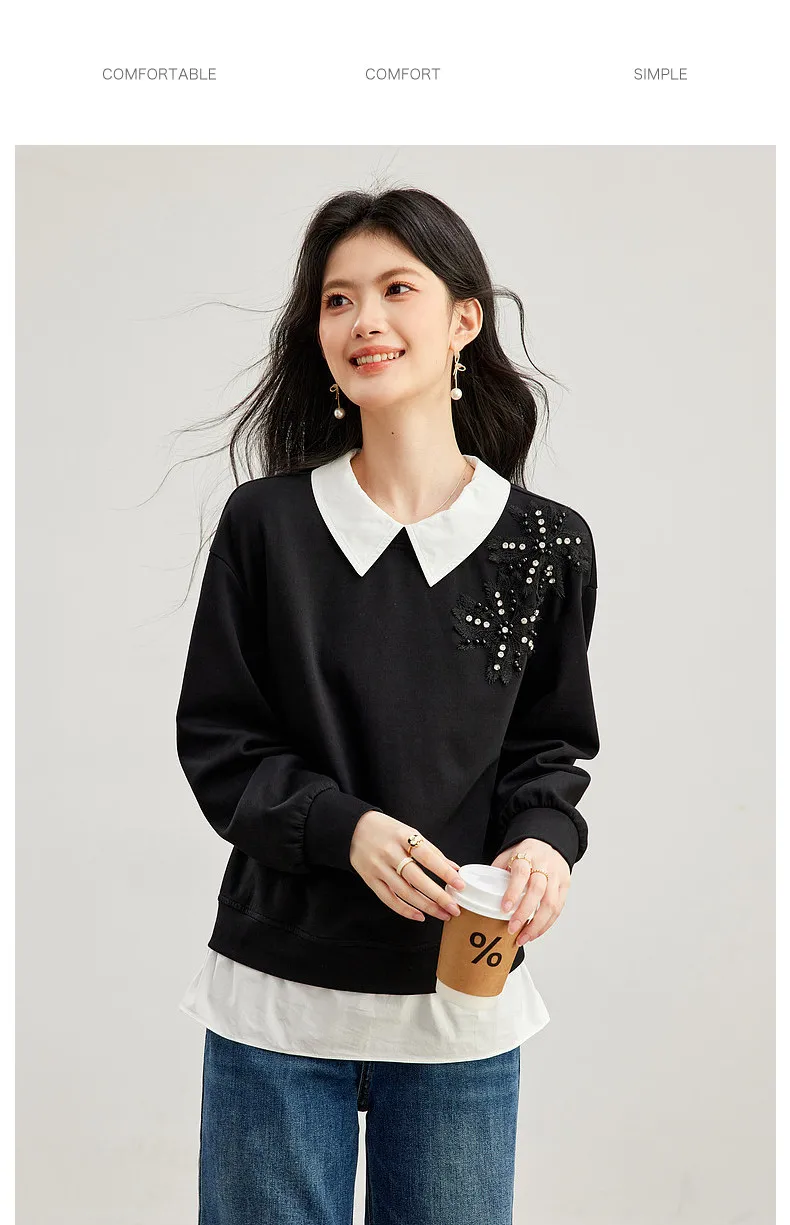 VIMLY Black Sweatshirt Women 2026 Autumn New Fake Two‑piece Beaded Embroidered Lapel Pullover Fashion Elegant Top Ladies A7612