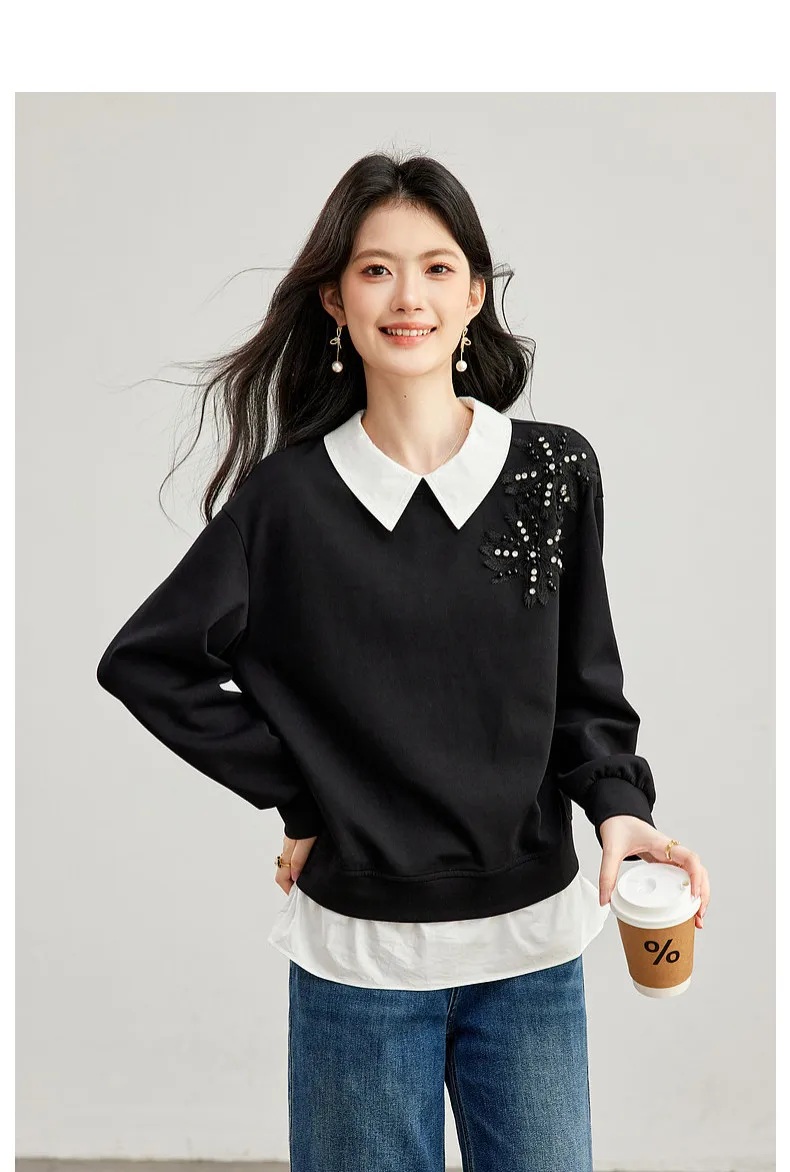 VIMLY Black Sweatshirt Women 2026 Autumn New Fake Two‑piece Beaded Embroidered Lapel Pullover Fashion Elegant Top Ladies A7612