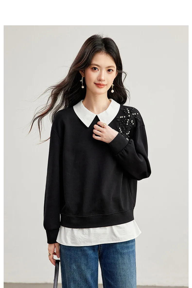 VIMLY Black Sweatshirt Women 2026 Autumn New Fake Two‑piece Beaded Embroidered Lapel Pullover Fashion Elegant Top Ladies A7612