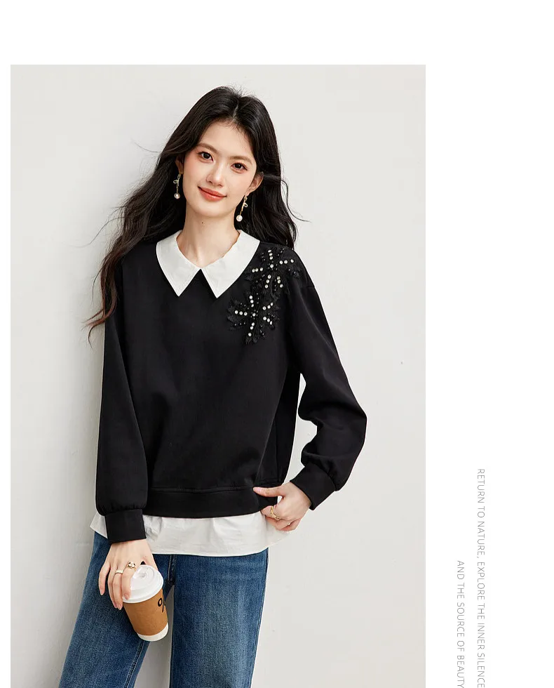 VIMLY Black Sweatshirt Women 2026 Autumn New Fake Two‑piece Beaded Embroidered Lapel Pullover Fashion Elegant Top Ladies A7612