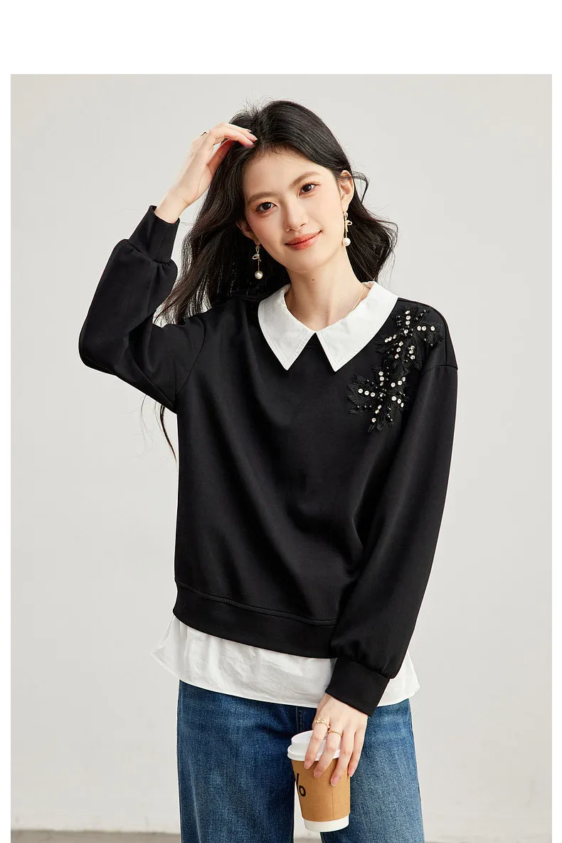 VIMLY Black Sweatshirt Women 2026 Autumn New Fake Two‑piece Beaded Embroidered Lapel Pullover Fashion Elegant Top Ladies A7612