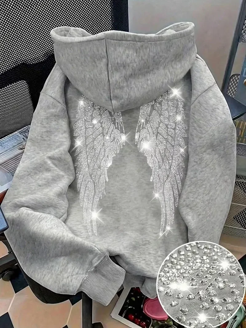 New Casual Lady Sequin Angels Wings Hoodies Women Chic Loose Long Sleeve Pullovers Tops 2025 Gothic Streetwear Women Clothing