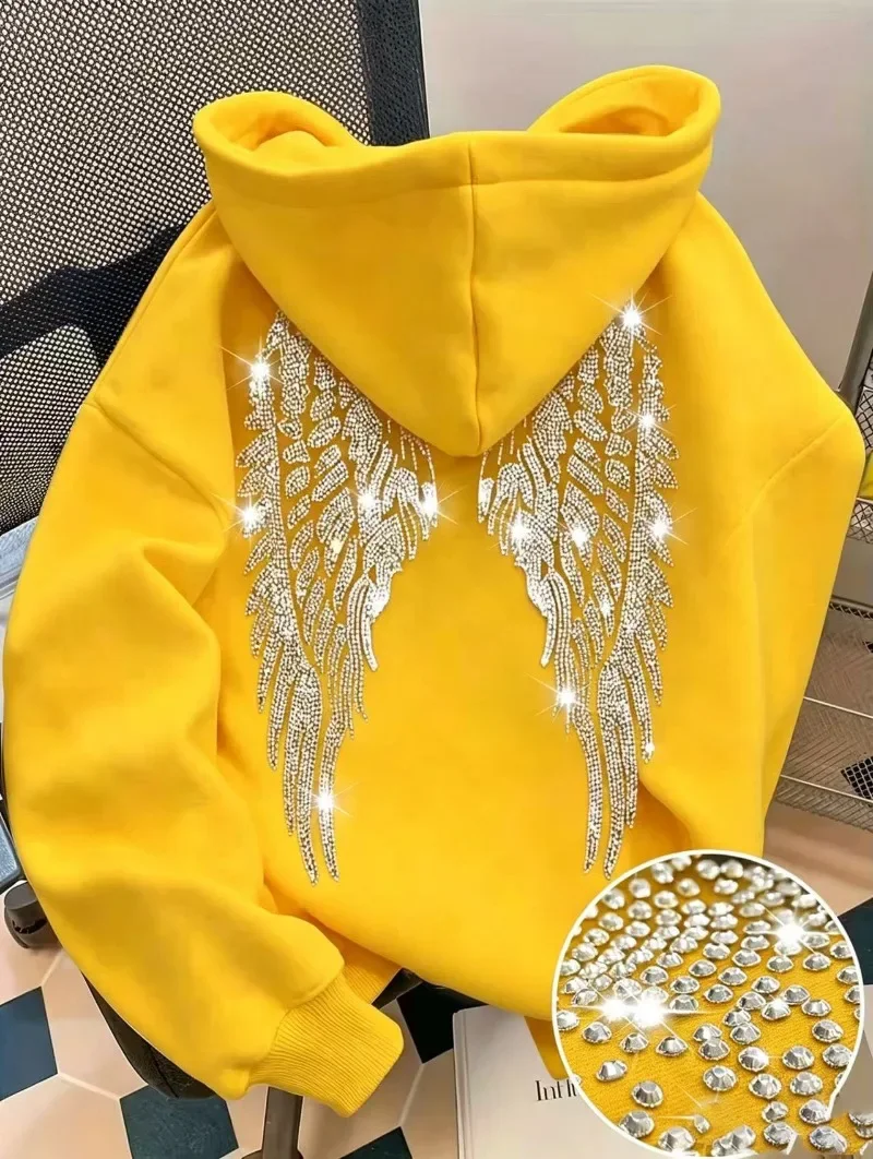 New Casual Lady Sequin Angels Wings Hoodies Women Chic Loose Long Sleeve Pullovers Tops 2025 Gothic Streetwear Women Clothing