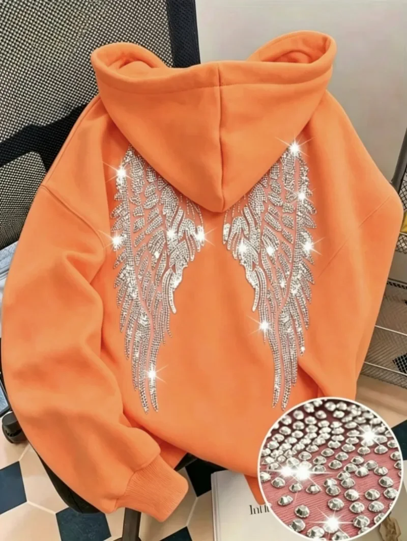New Casual Lady Sequin Angels Wings Hoodies Women Chic Loose Long Sleeve Pullovers Tops 2025 Gothic Streetwear Women Clothing