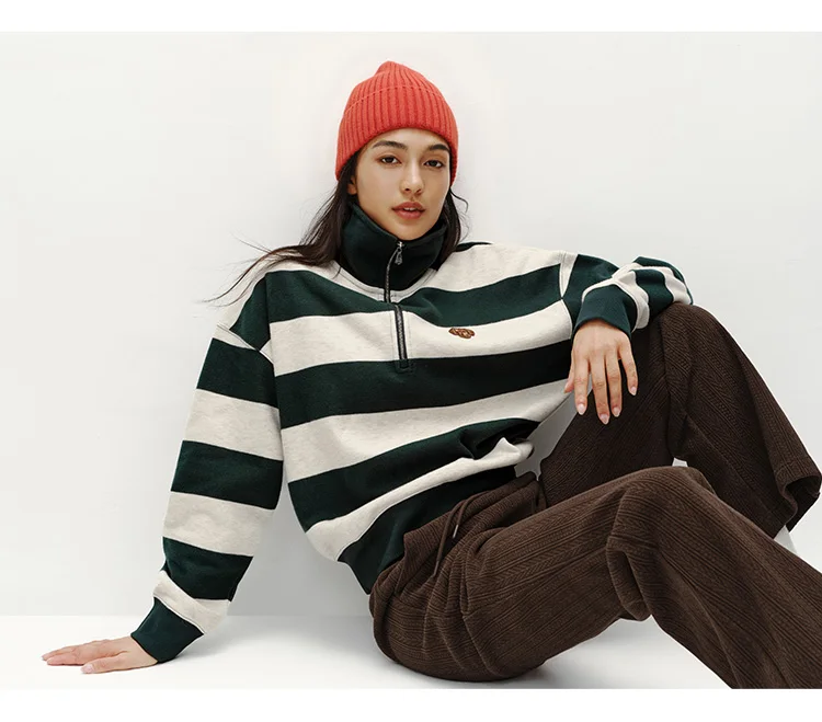 Semir Hoodie Women Winter Half-Zip Stand Collar Puppy Print Oversize Striped Fleece Pullover Layering Retro Warm Casual