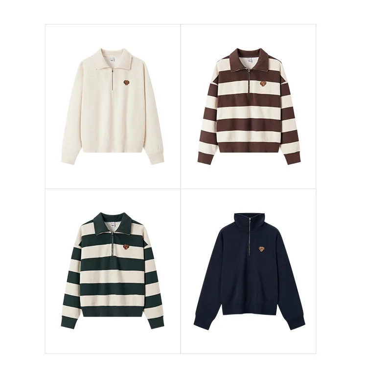 Semir Hoodie Women Winter Half-Zip Stand Collar Puppy Print Oversize Striped Fleece Pullover Layering Retro Warm Casual