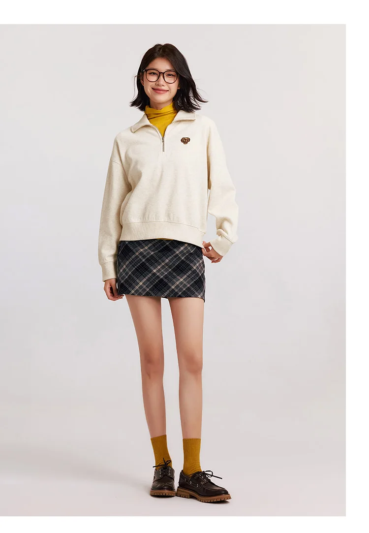 Semir Hoodie Women Winter Half-Zip Stand Collar Puppy Print Oversize Striped Fleece Pullover Layering Retro Warm Casual