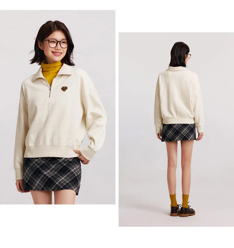 Semir Hoodie Women Winter Half-Zip Stand Collar Puppy Print Oversize Striped Fleece Pullover Layering Retro Warm Casual