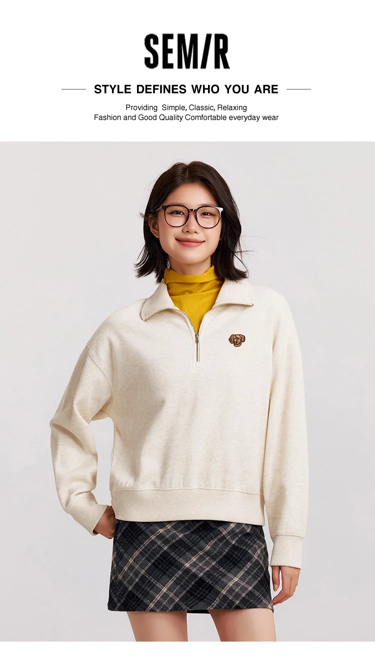 Semir Hoodie Women Winter Half-Zip Stand Collar Puppy Print Oversize Striped Fleece Pullover Layering Retro Warm Casual