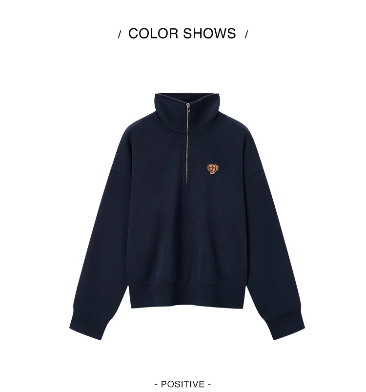 Semir Hoodie Women Winter Half-Zip Stand Collar Puppy Print Oversize Striped Fleece Pullover Layering Retro Warm Casual