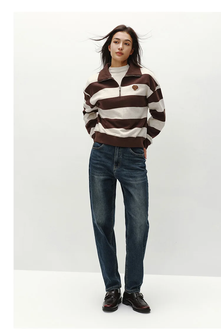 Semir Hoodie Women Winter Half-Zip Stand Collar Puppy Print Oversize Striped Fleece Pullover Layering Retro Warm Casual