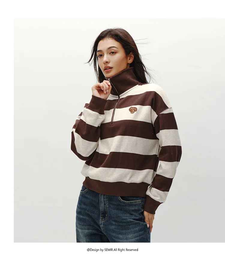 Semir Hoodie Women Winter Half-Zip Stand Collar Puppy Print Oversize Striped Fleece Pullover Layering Retro Warm Casual