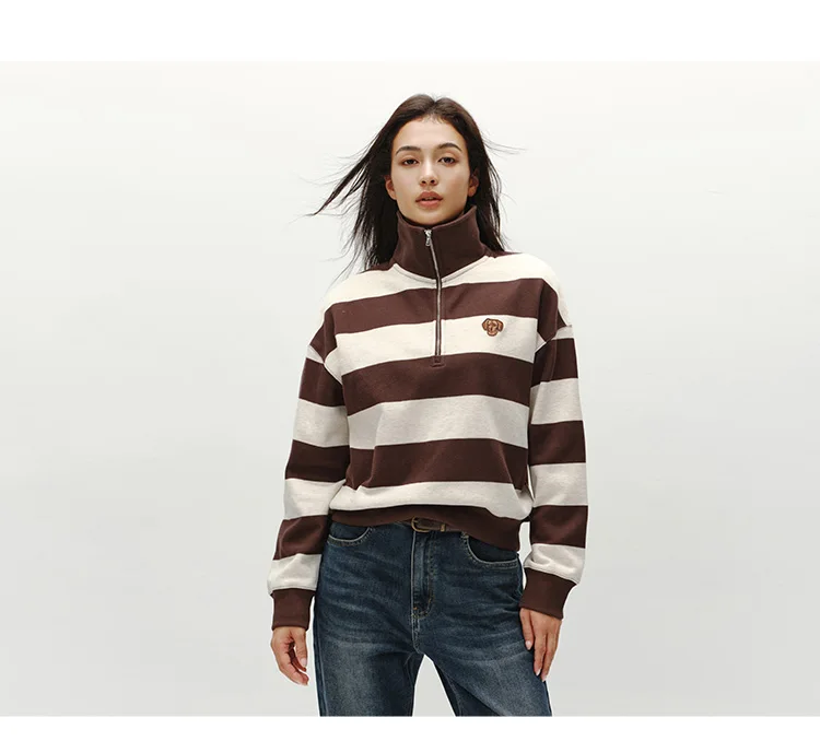 Semir Hoodie Women Winter Half-Zip Stand Collar Puppy Print Oversize Striped Fleece Pullover Layering Retro Warm Casual