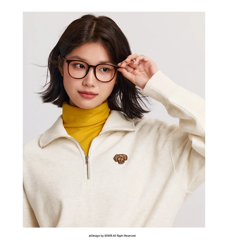 Semir Hoodie Women Winter Half-Zip Stand Collar Puppy Print Oversize Striped Fleece Pullover Layering Retro Warm Casual