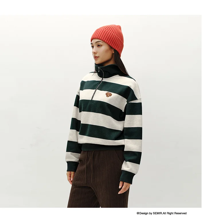 Semir Hoodie Women Winter Half-Zip Stand Collar Puppy Print Oversize Striped Fleece Pullover Layering Retro Warm Casual